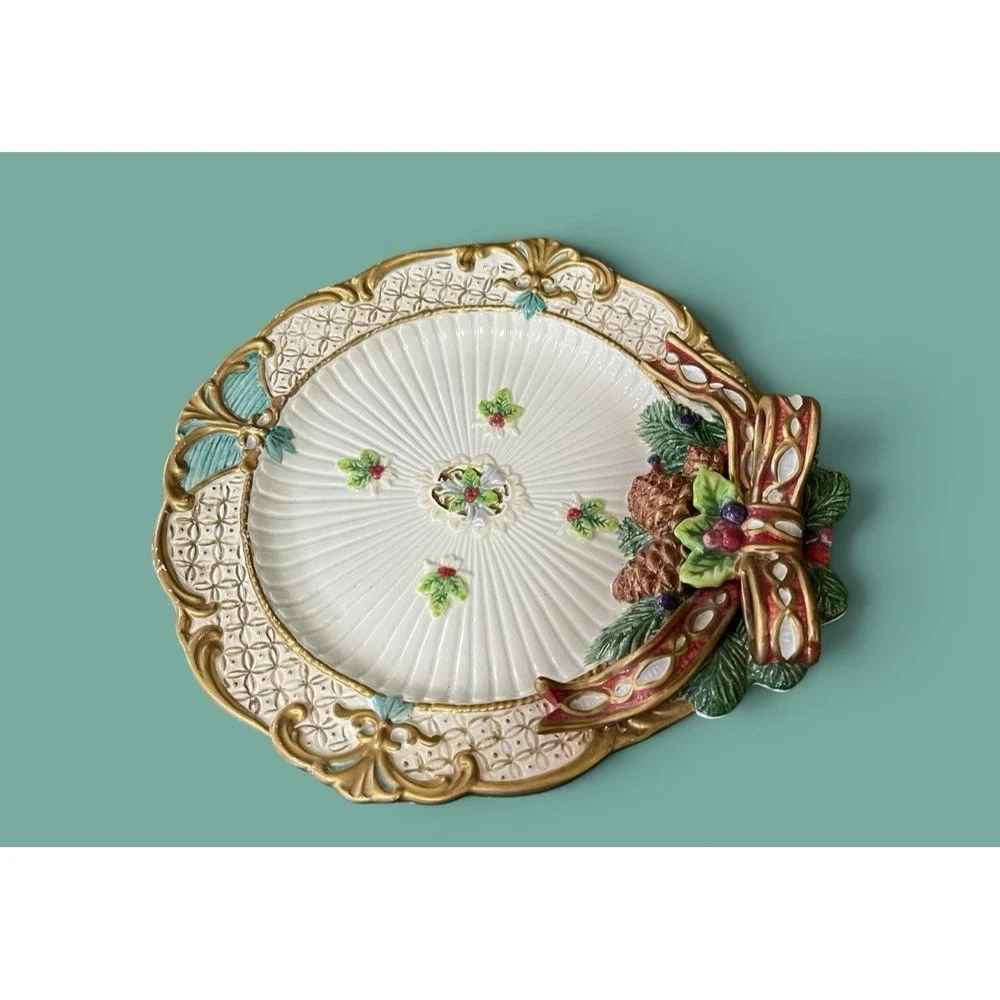 Fitz & Floyd Classics Florentine Canape Snack Plate Christmas Holly Bow Pinecone